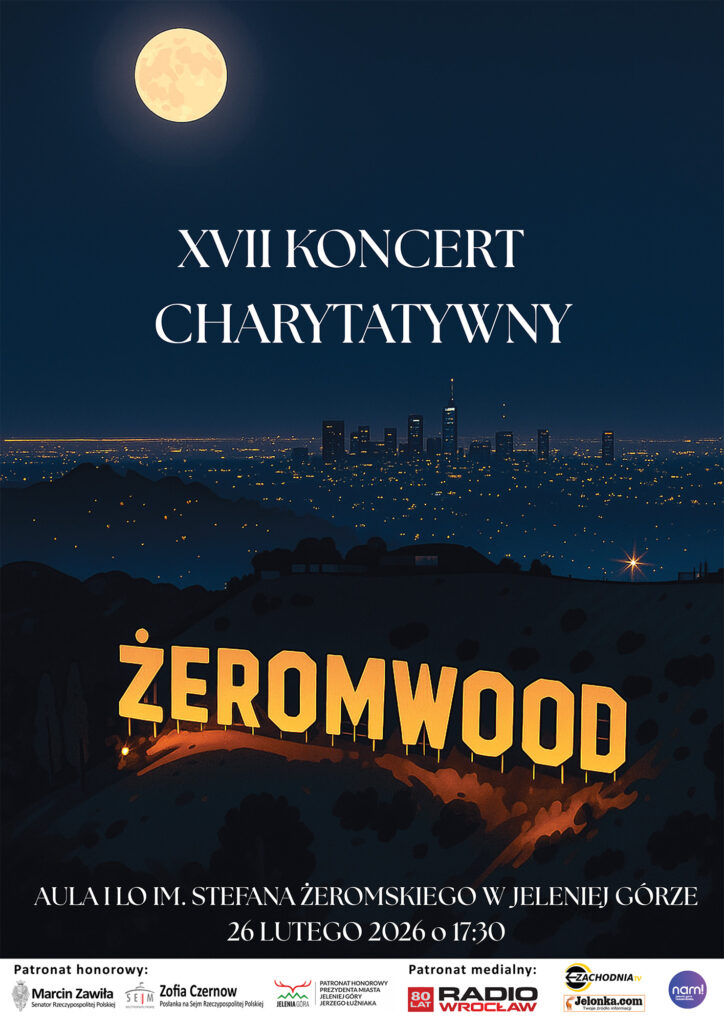 plakat do charytatywnego koncertu Żeromwood. Koncert w 1 Liceum Ogólnokształcącym w Jeleniej Górze