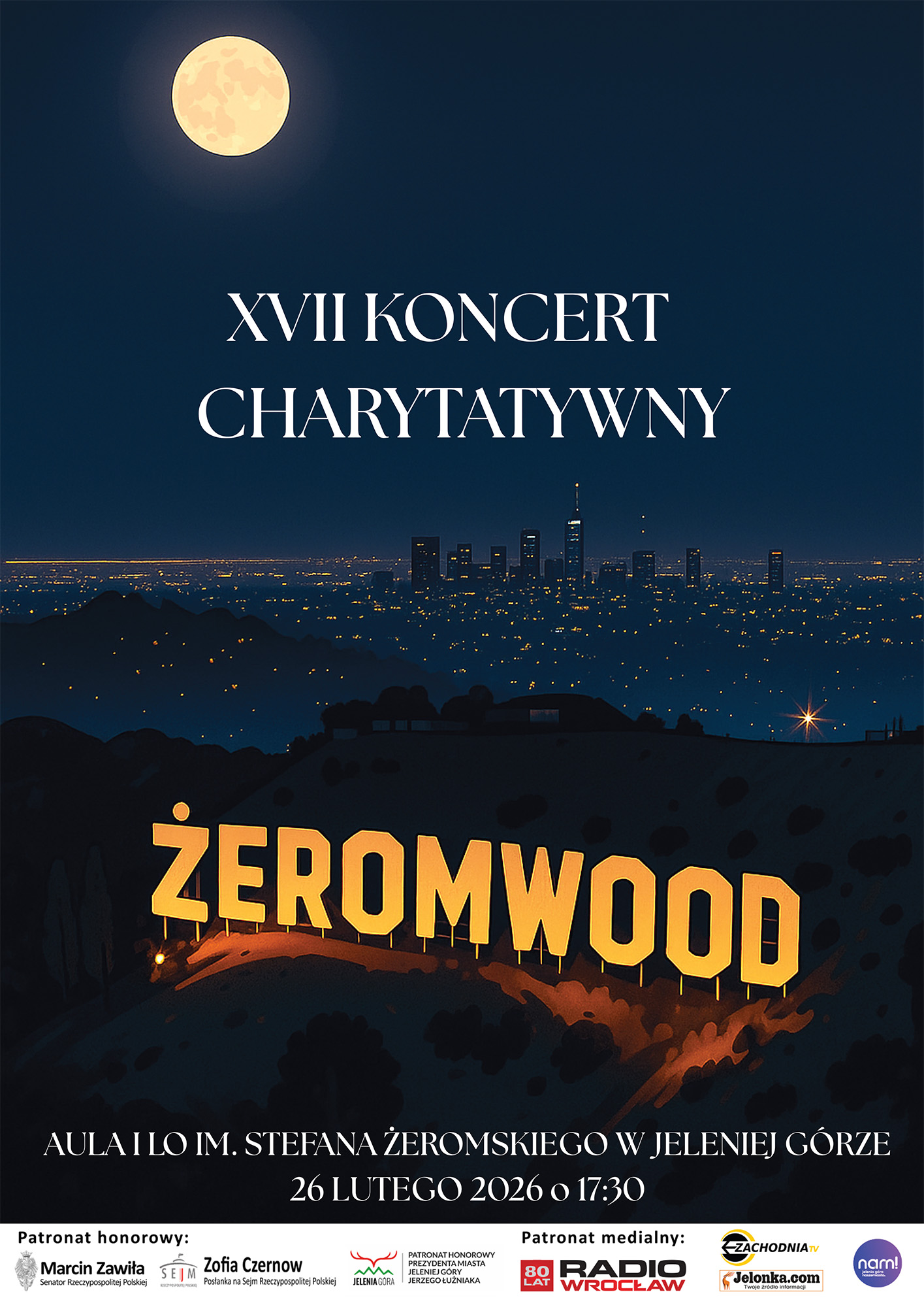 plakat do charytatywnego koncertu Żeromwood. Koncert w 1 Liceum Ogólnokształcącym w Jeleniej Górze